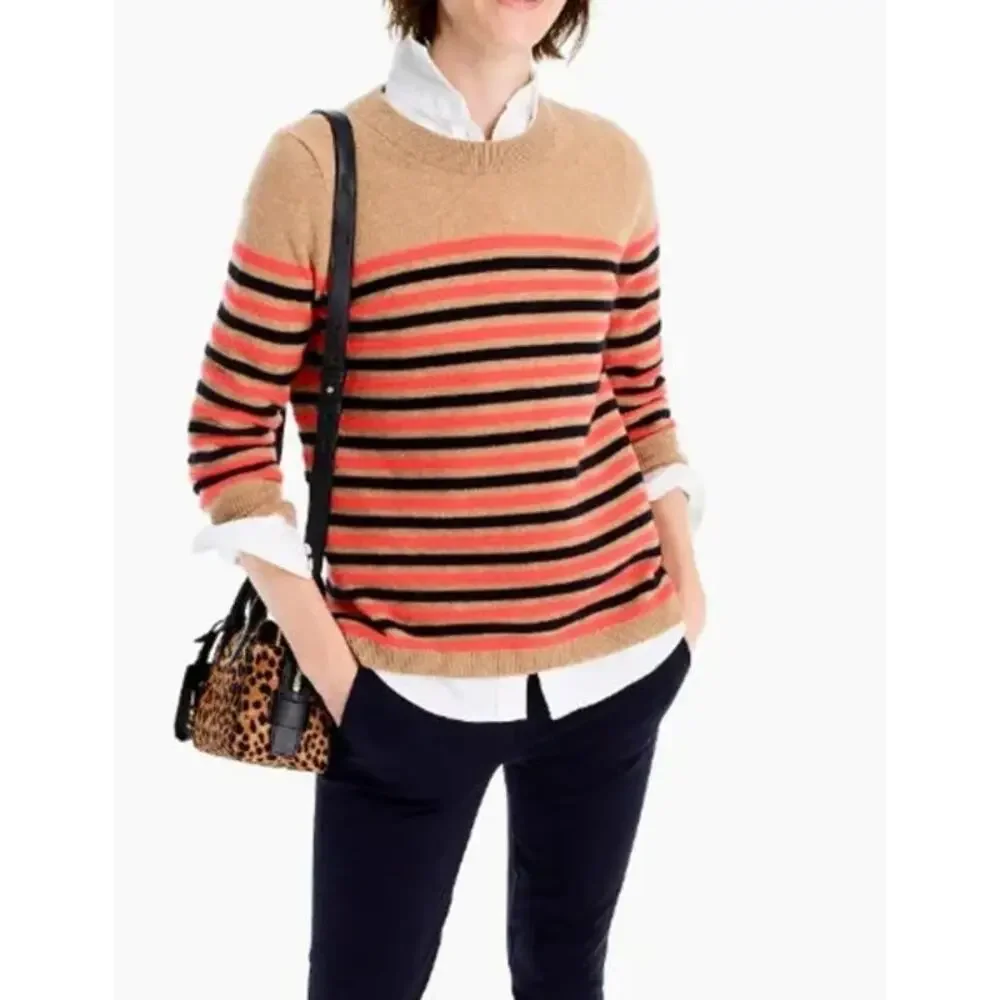 J. Crew 100% Cashmere Everyday Striped Crew Neck Sweater 3/4 Sleeve Preppy